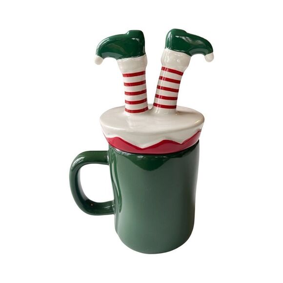 Rae Dunn Christmas SANTA'S ELF Mug with Figural Topper Lid Green Ceramic NIP - Picture 2 of 13